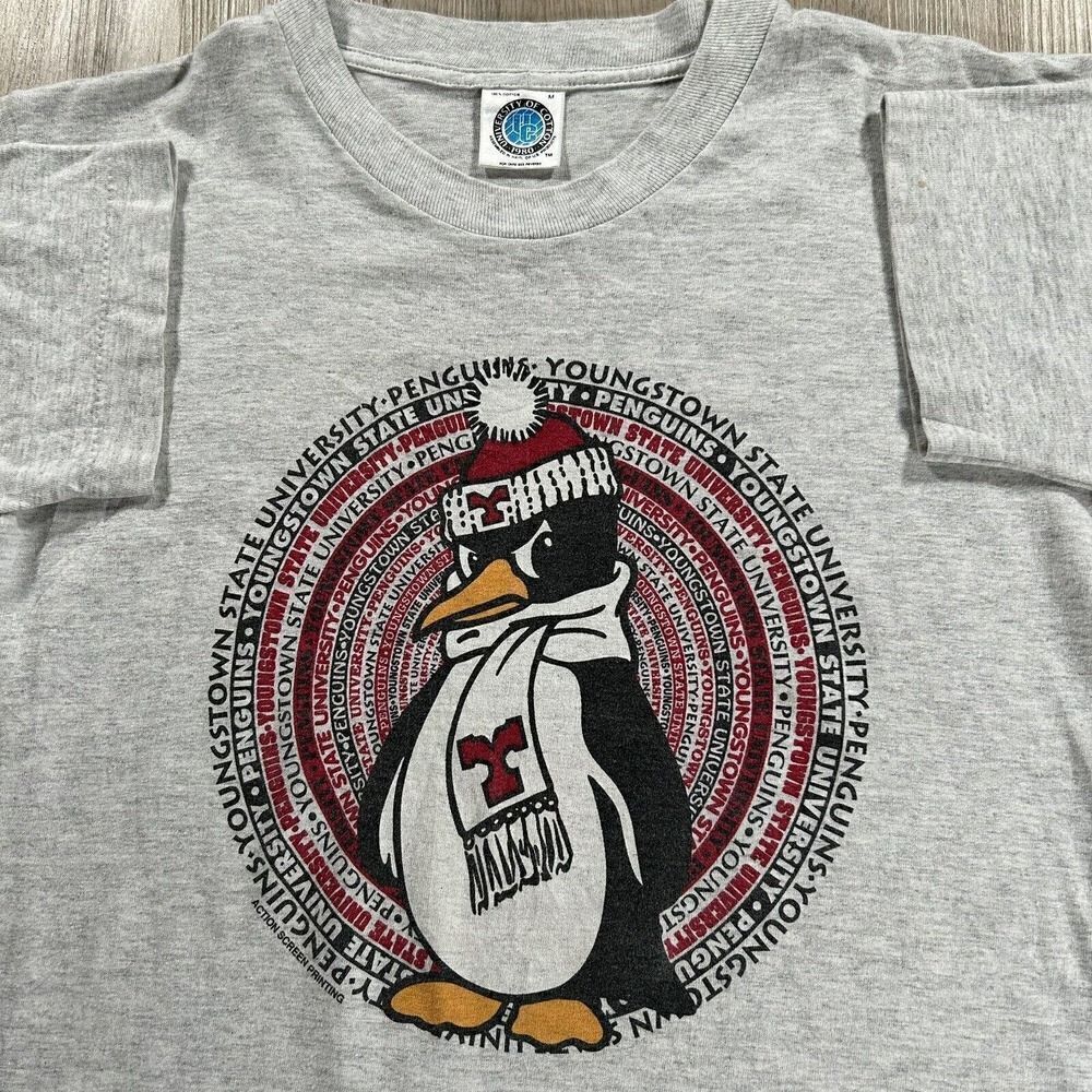 Vintage Youngstown State Penguins T-Shirt Men Medium‎ College Single Stitch Gray